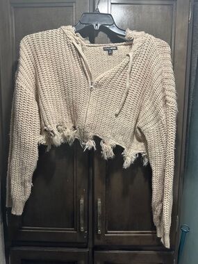 Fashion Nova Distressed Cropped Knit Hoodie - Beige